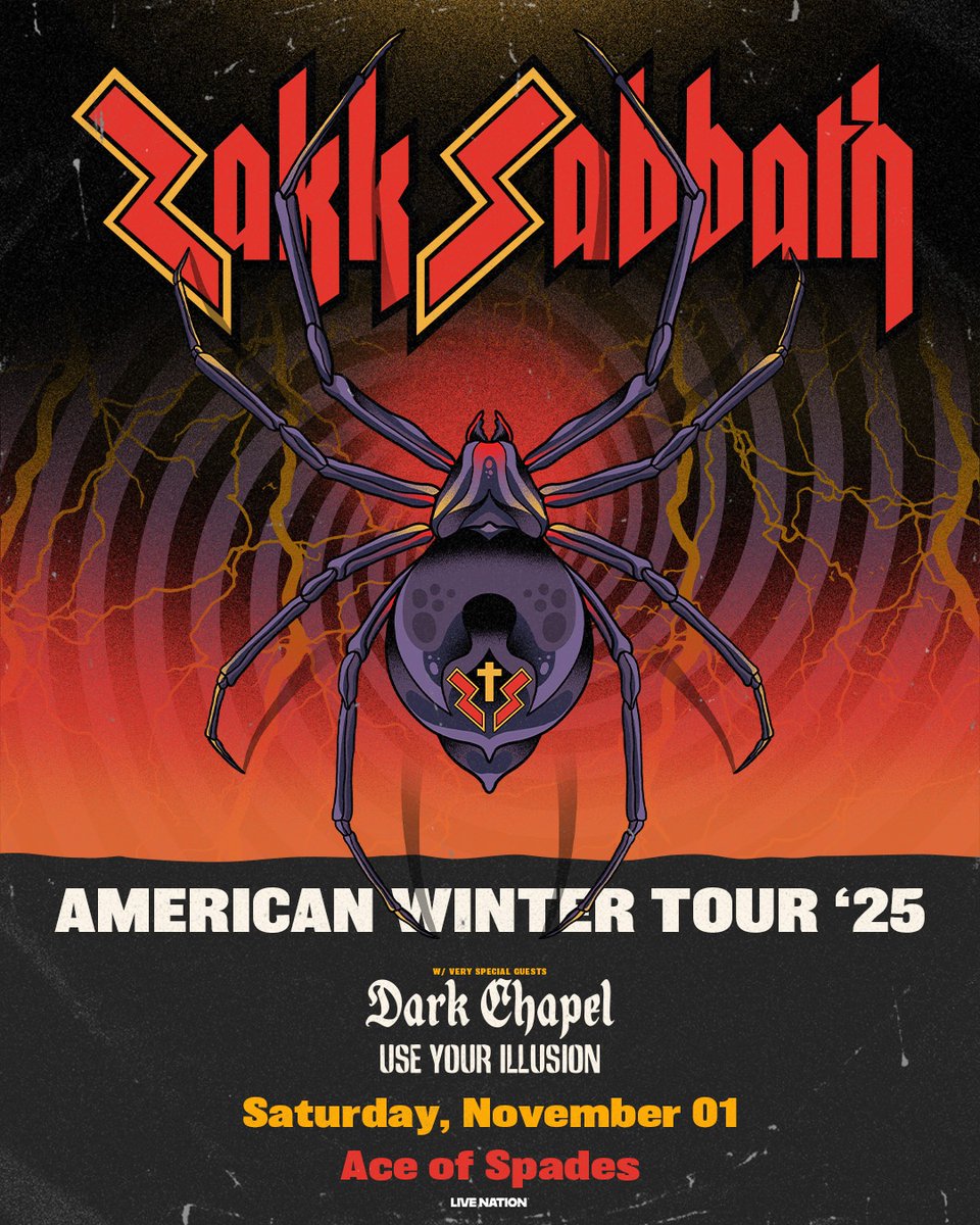 🚨 NEW SHOW: Zakk Sabbath is bringing his Winter '25 Tour to Ace of Spades on Saturday, November 1st w/ Dark Chapel and Use Your Illusion 🕷️

♠️ PRESALE: Tuesday, 6/3 @ 11AM 
CODE: FREESTYLE
♠️ ON SALE: Friday, 6/6 @ 10AM
 
🎟️ 🔗 in bio for tickets!