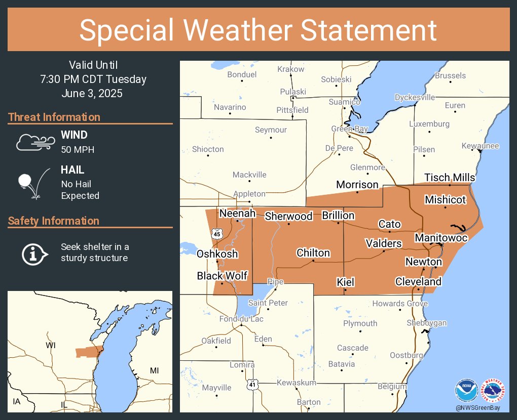 A special weather statement has been issued for Oshkosh WI, Manitowoc WI and  Neenah WI until 7:30 PM CDT