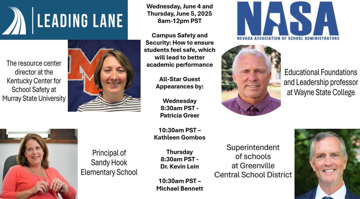 Adam Lane (@leadinglane) on Twitter photo This Wednesday & Thursday (June 4 and 5), Leading Lane will present an online session for the
<a href="/NASANevada/">NASA Nevada</a>
(NASA) & everyone is welcome. Title: Campus Safety & Security: How to ensure students feel safe, leading to better academic performance. This Wednesday & Thursday (June 4 and 5), Leading Lane will present an online session for the
<a href="/NASANevada/">NASA Nevada</a>
(NASA) & everyone is welcome. Title: Campus Safety & Security: How to ensure students feel safe, leading to better academic performance.