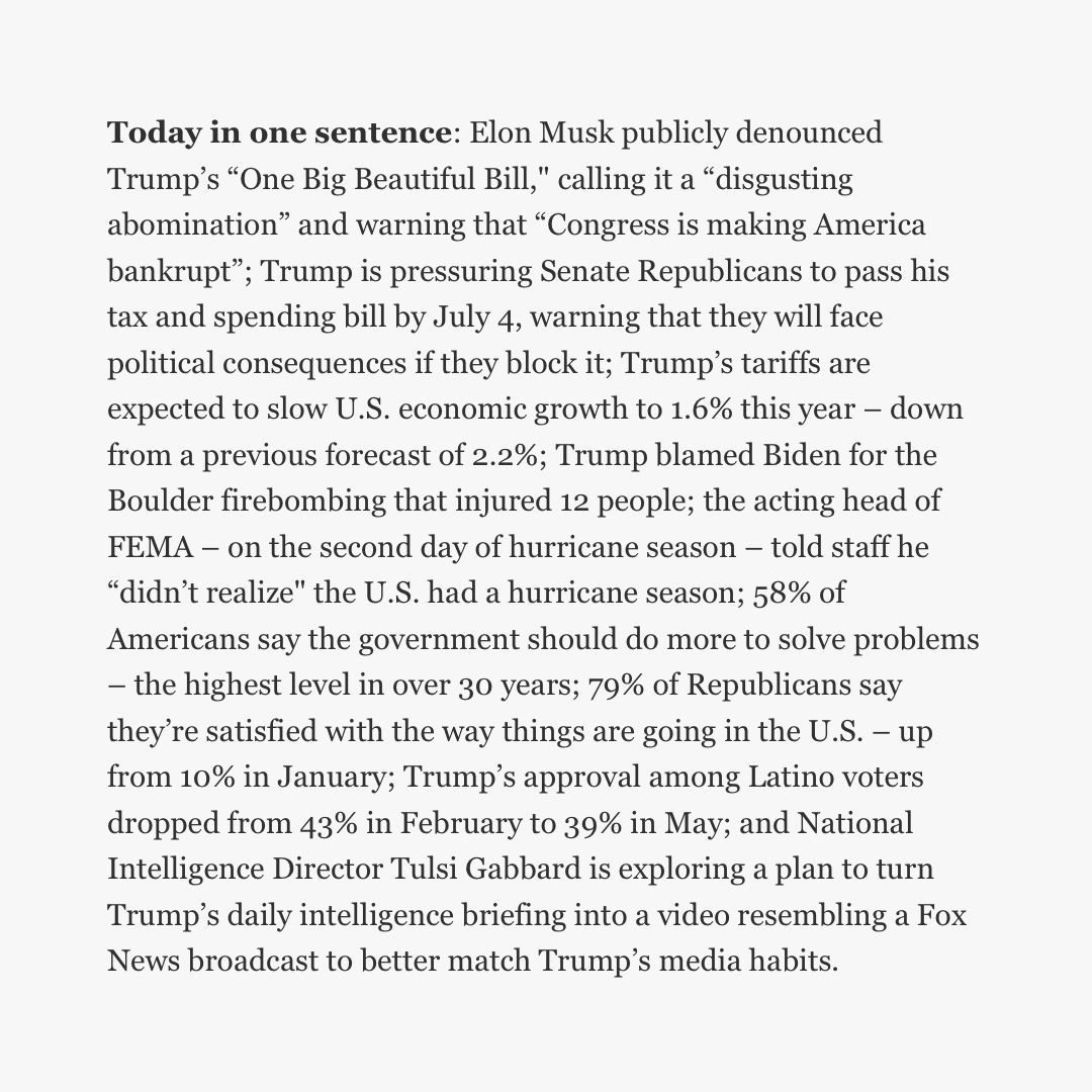 🗓️ Today in one sentence for Tuesday, June 3, 2025.

Trump, Day 1596: "Making America bankrupt."

whatthefuckjusthappenedtoday.com/2025/06/03/day…
