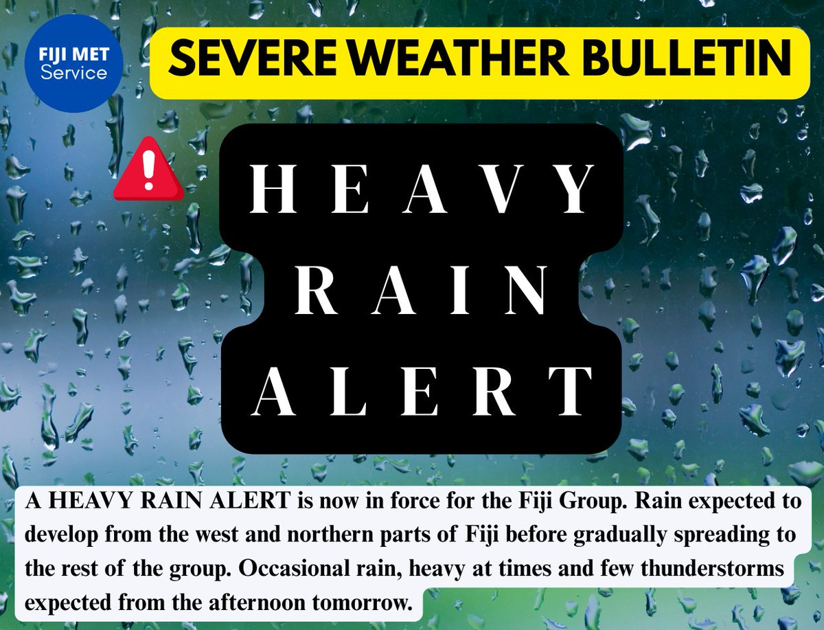 📌Bula Vinaka🙂
🚨Heavy Rain Alert ⛈️🌧️🚨
🔗For detailed alerts:
met.gov.fj/alerts/