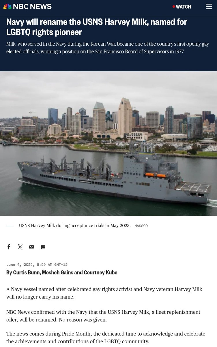 What I'd just say to you is, you thought my Coalition was only coming after the trans community? Just wait for our 2nd term Heh, heh, heh.
#LyinLuxon #CoalitionOfImportedFacism

US Navy will rename the USNS Harvey Milk, named after Korean war veteran and LGBTQ rights pioneer
