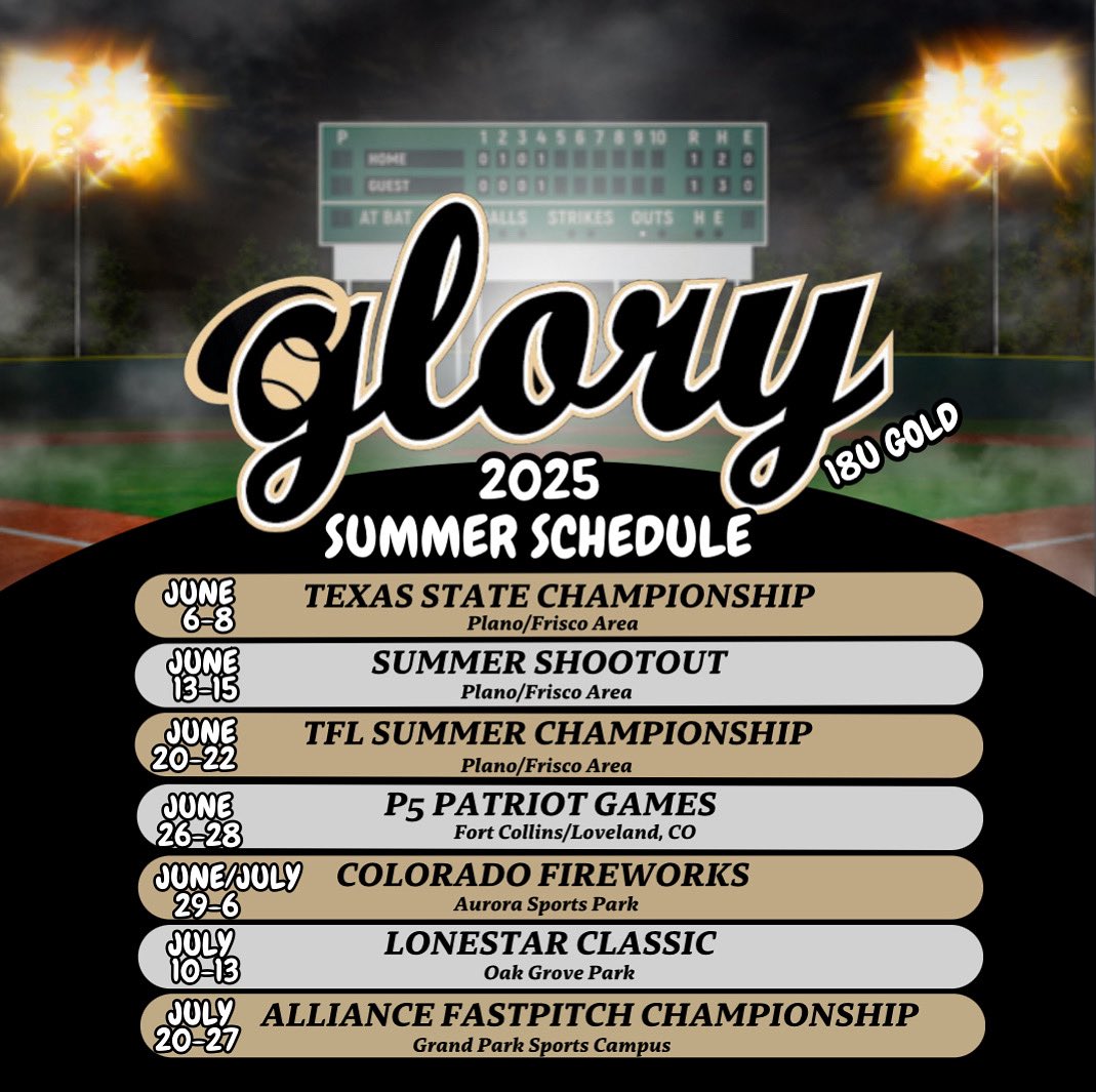 2025 Summer Schedule is HERE, and the girls are locked in and ready to go! 😎⛱️🕶️☀️
Catch the 18U Gold Team in action, live or on livestream all summer long! 
#halosup😇🖤💛🖤💛