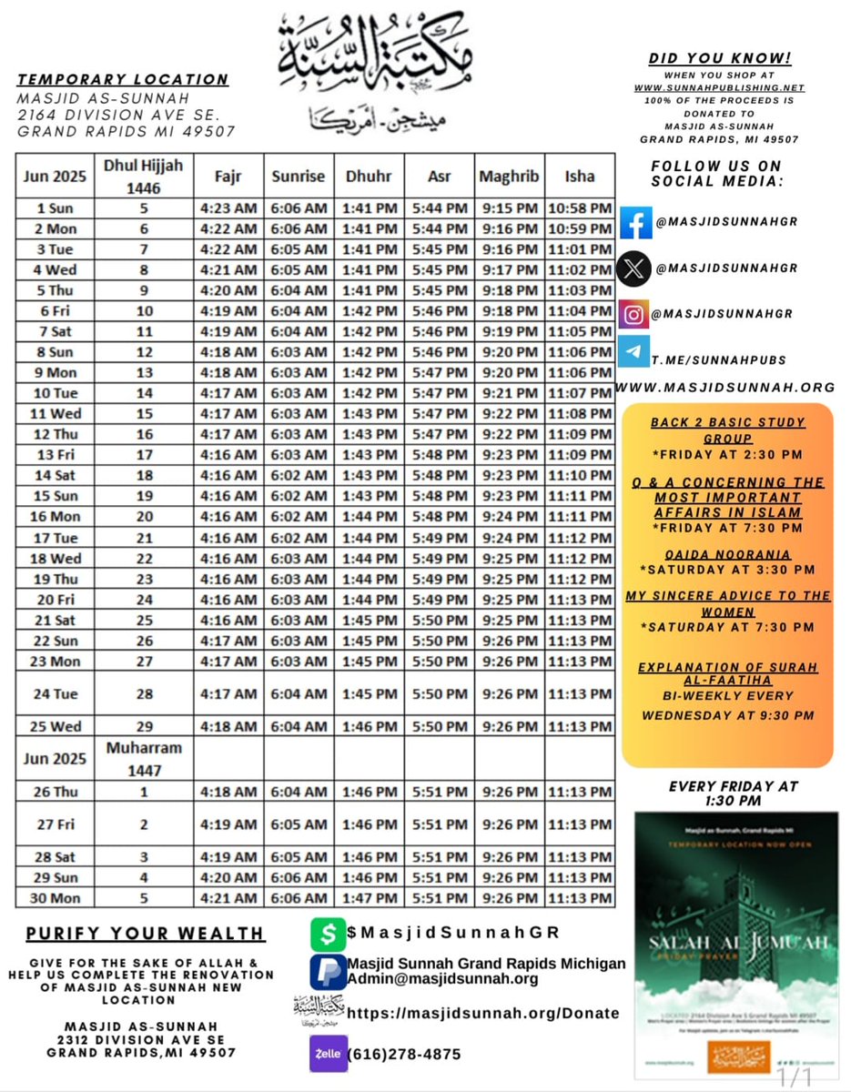 MasjidSunnahGR (@masjidsunnahgr) on Twitter photo 📢 June 2025CE | Dhul-Hijjah 1446H Prayer Timetable for the <a href="/MasjidSunnahGR/">MasjidSunnahGR</a>
#Back2Basics class continues every Friday after Jumu'ah Prayer.
For updates on Prayers, classes, events and activities at the masjid, follow us on Telegram: t.me/SunnahPubs 📢 June 2025CE | Dhul-Hijjah 1446H Prayer Timetable for the <a href="/MasjidSunnahGR/">MasjidSunnahGR</a>
#Back2Basics class continues every Friday after Jumu'ah Prayer.
For updates on Prayers, classes, events and activities at the masjid, follow us on Telegram: t.me/SunnahPubs