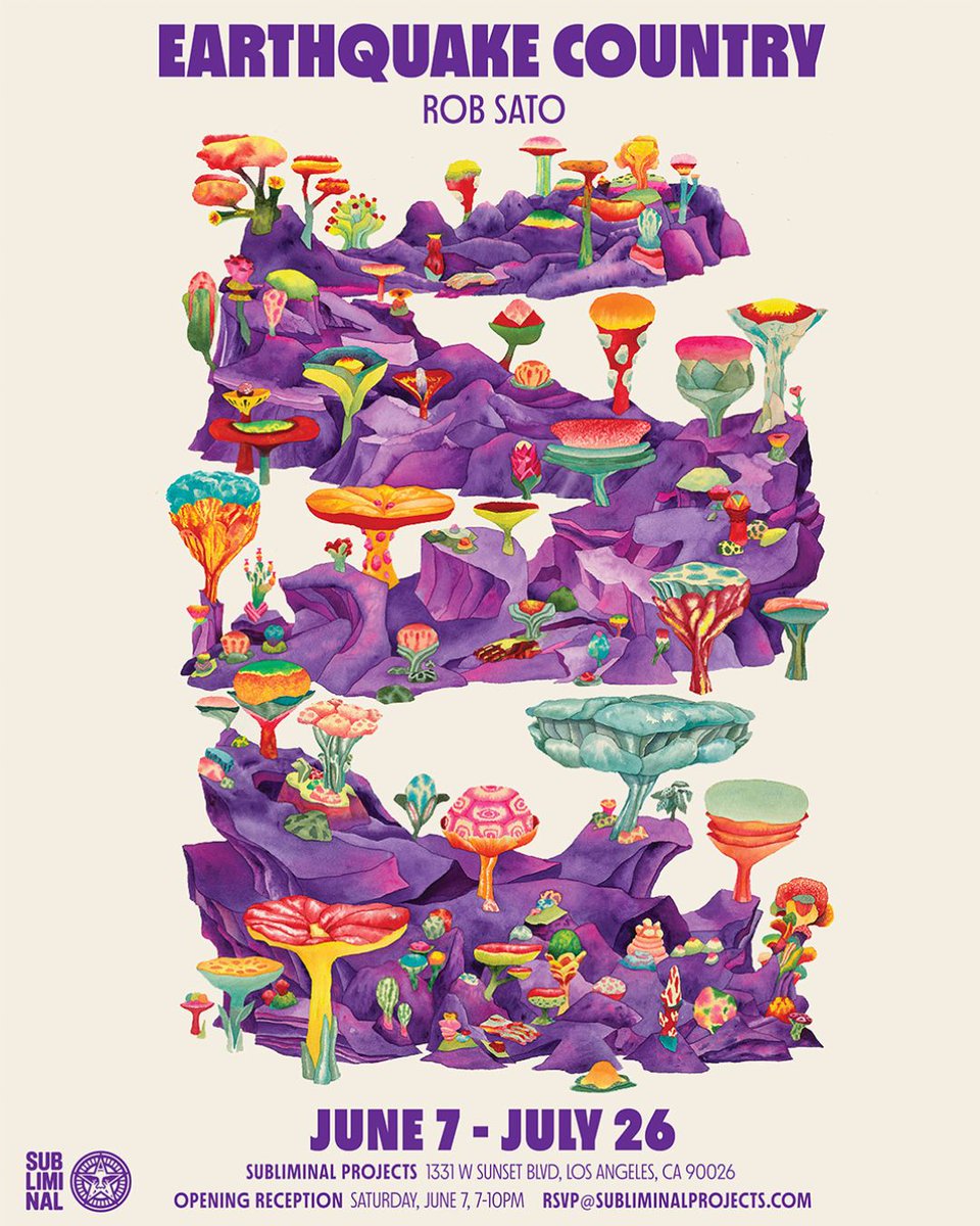 FLOOD Magazine (@floodmagazine) on Twitter photo “Rob Sato’s paintings conjure Willy Wonka’s edible candy garden where the fine line between delicious and deadly is crucial to the mystery and adventure.” — Shepard Fairey, <a href="/OBEYGIANT/">Shepard Fairey</a>
Subliminal Projects presents Rob Sato’s Earthquake Country exhibition: tinyurl.com/yu8bvbab “Rob Sato’s paintings conjure Willy Wonka’s edible candy garden where the fine line between delicious and deadly is crucial to the mystery and adventure.” — Shepard Fairey, <a href="/OBEYGIANT/">Shepard Fairey</a>
Subliminal Projects presents Rob Sato’s Earthquake Country exhibition: tinyurl.com/yu8bvbab