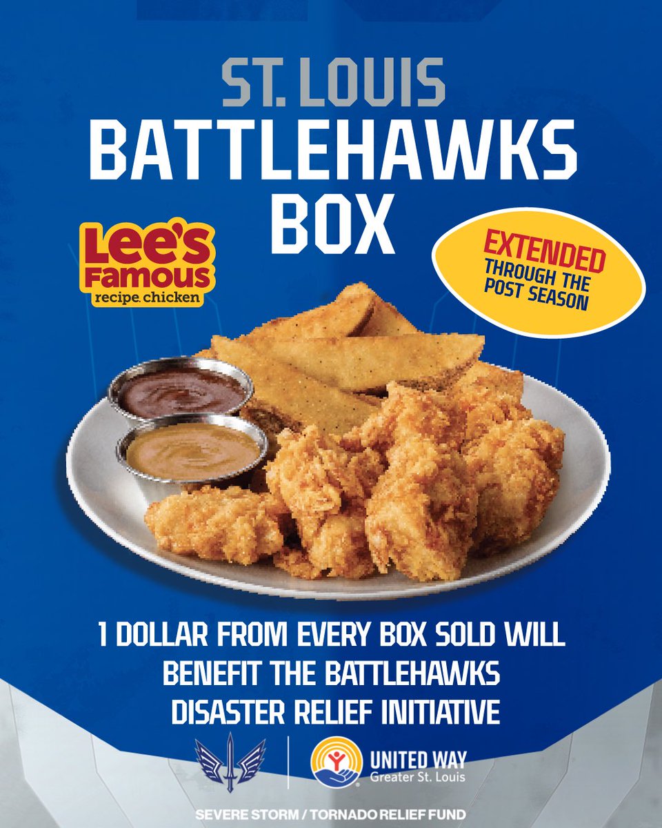 St. Louis Battlehawks (@xflbattlehawks) on Twitter photo eat a <a href="/LeesFamousChick/">Lee's Famous Chicken</a> battlehawks box 🍗 with each purchase of a st. louis battlehawks box from a lee's location in the stl area, $1 of every box sold will be donated to the relief fund. eat a <a href="/LeesFamousChick/">Lee's Famous Chicken</a> battlehawks box 🍗 with each purchase of a st. louis battlehawks box from a lee's location in the stl area, $1 of every box sold will be donated to the relief fund.