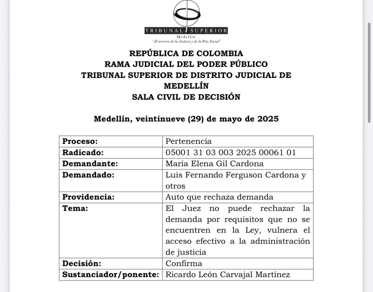 RECHAZO DE DEMANDA POR REQUISITOS EXTRALEGALES VULNERA EL ACCESO A LA JUSTICIA: TRIBUNAL REVOCÓ DECISIÓN Y ORDENÓ ESTUDIO DE ADMISIBILIDAD. TSM: El Tribunal Superior de Medellín, Sala Civil, resolvió el recurso de apelación interpuesto por la parte demandante contra el auto del