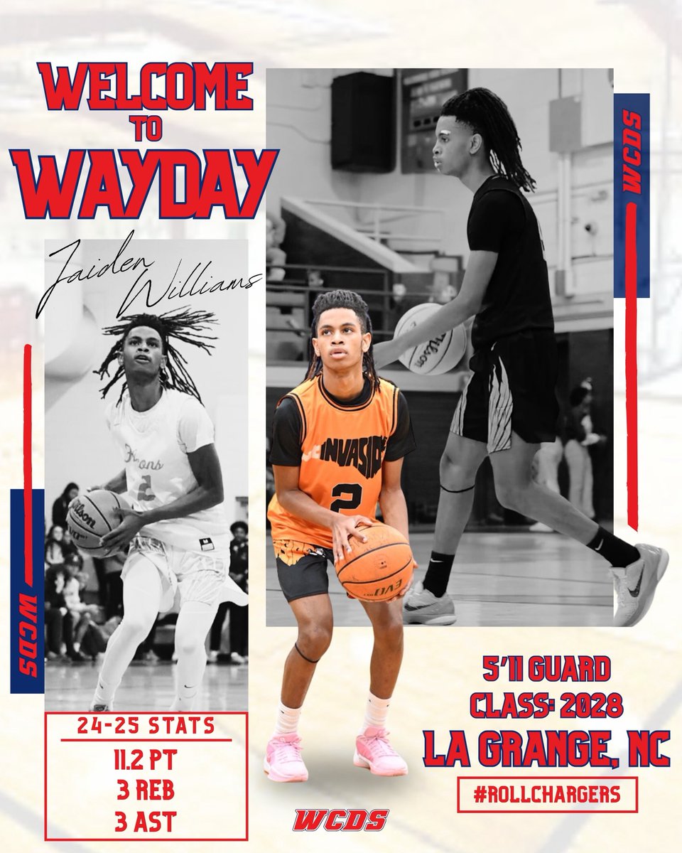WCDS Basketball (@wcdsbasketball) on Twitter photo Welcome <a href="/JaidenWilliams0/">Jaiden Williams</a> to the Wayne Country Day family! Jaiden already has 2 years of varsity experience and will be reclassing into the Class of 2028. Another great player, student and person. Let's get to work! Welcome <a href="/JaidenWilliams0/">Jaiden Williams</a> to the Wayne Country Day family! Jaiden already has 2 years of varsity experience and will be reclassing into the Class of 2028. Another great player, student and person. Let's get to work!