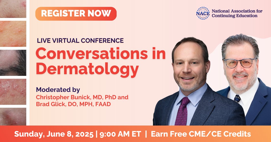 Earn free CME/CE credits with expert faculty at <a href="/NACECME/">NACE CME</a>'s #ConversationsinDermatology: 
Dr. Chris Bunick
Dr. Brad Glick
Dr. Gil Yosipovitch
Dr. Jennifer Hsiao
Dr. April Armstrong

Register Now: bit.ly/4jdAB1y