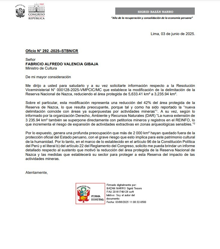 Reducir la zona protegida de las Líneas de Nazca es un grave atentado contra nuestro patrimonio y un retroceso inaceptable. Hemos oficiado al Ministro de Cultura exigiendo transparencia y explicaciones frente a esta grave amenaza contra nuestro legado cultural.

#NazcaNoSeToca