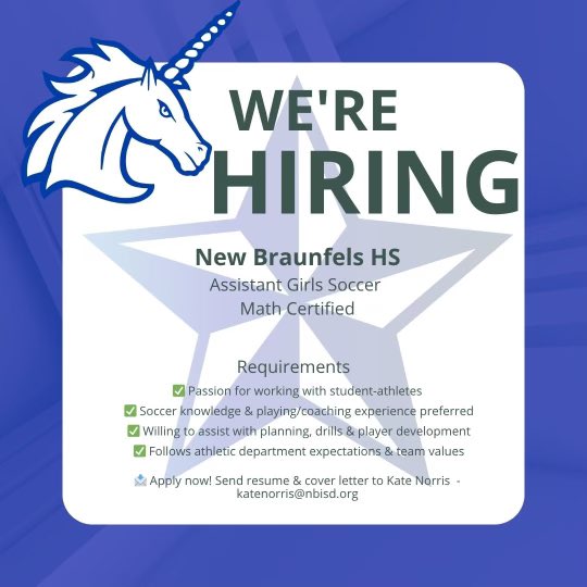 New Braunfels Girls Soccer (@nbunicornsoccer) on Twitter photo New Braunfels girls soccer is looking for an assistant girls coach!
Reach out if you have any questions: enorris@nbisd.org New Braunfels girls soccer is looking for an assistant girls coach!
Reach out if you have any questions: enorris@nbisd.org