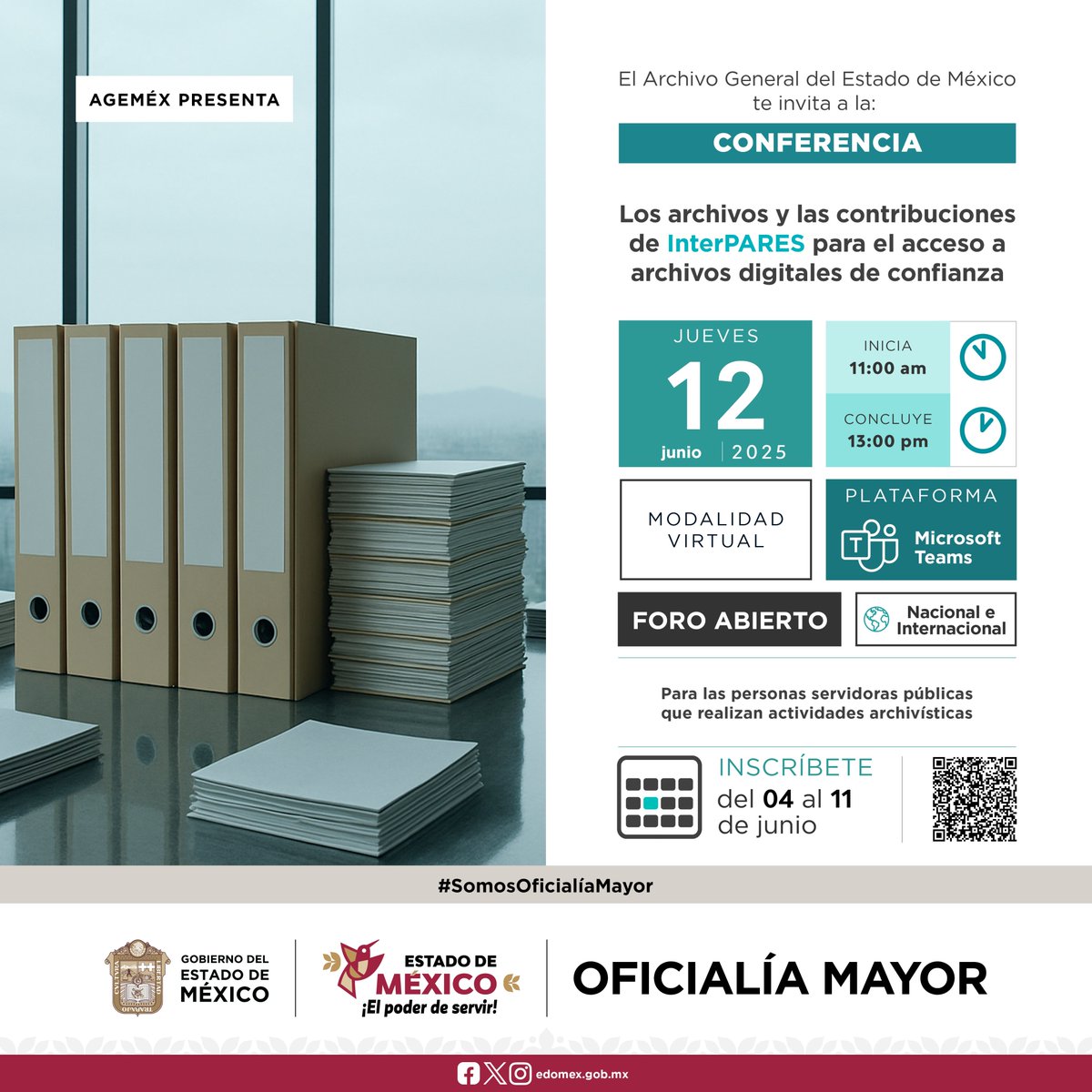 agem_mex's tweet photo. La @OficialiaEdoMex a través del @agem_mex, te invita a participar en la #Conferencia "Los archivos y las contribuciones de #InterPARES para el acceso a archivos digitales de confianza", impartida por Alicia Barnard Amozorrutia.
Inscripciones en el QR
#CapacitaciónAGEMÉX https://t.co/TAOLtVPDNI