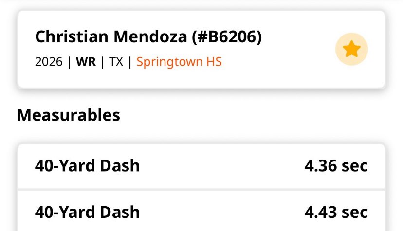 Christian Mendoza (@cmendoza0077) on Twitter photo Got my 40 results from the <a href="/SMUFB/">SMU Football</a> camp, my best out of two attempts was a (4.36)❗️<a href="/CoachTJones08/">Tayler Jones</a> <a href="/JClarkHFB247/">Jeremy Clark</a> <a href="/JGonzalesJr10/">Julio Gonzales Jr.</a> <a href="/CW_Recruiting/">Coach West Recruiting</a> <a href="/Coach__OMalley/">Coach O</a> <a href="/echarleslobo/">Emmanuel Charles-Lobo</a> <a href="/NP_Recruiting/">National Pros Recruiting</a> Got my 40 results from the <a href="/SMUFB/">SMU Football</a> camp, my best out of two attempts was a (4.36)❗️<a href="/CoachTJones08/">Tayler Jones</a> <a href="/JClarkHFB247/">Jeremy Clark</a> <a href="/JGonzalesJr10/">Julio Gonzales Jr.</a> <a href="/CW_Recruiting/">Coach West Recruiting</a> <a href="/Coach__OMalley/">Coach O</a> <a href="/echarleslobo/">Emmanuel Charles-Lobo</a> <a href="/NP_Recruiting/">National Pros Recruiting</a>