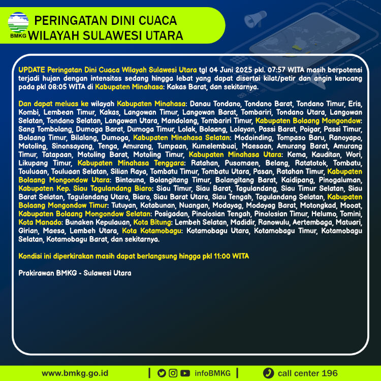 Update Peringatan Dini Cuaca Wilayah - Sulawesi Utara Tgl. 04 Juni 2025 pkl. 08:05 WITA
Prakirawan - BMKG - Sulawesi Utara
nowcasting.bmkg.go.id/nowcast?kodwil…