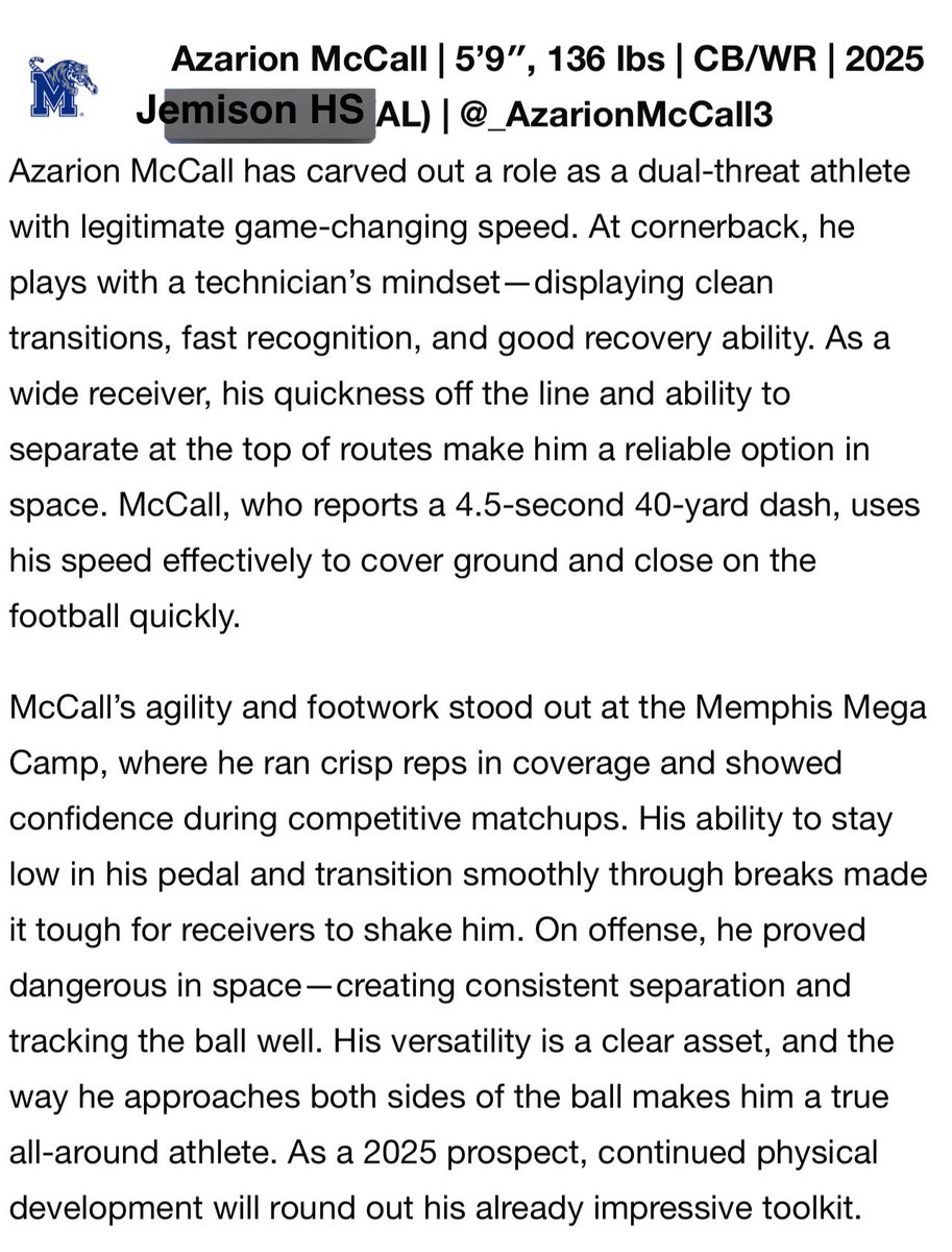 _AzarionMcCall3's tweet photo. Thanks to @sixstarfootball for the article. @ALPrepStars @page21marcus @CoachShot21 @CoachJayMitch @SMJ2852 @MemphisFBRec @JPowers25 https://t.co/trXSe7BNE0