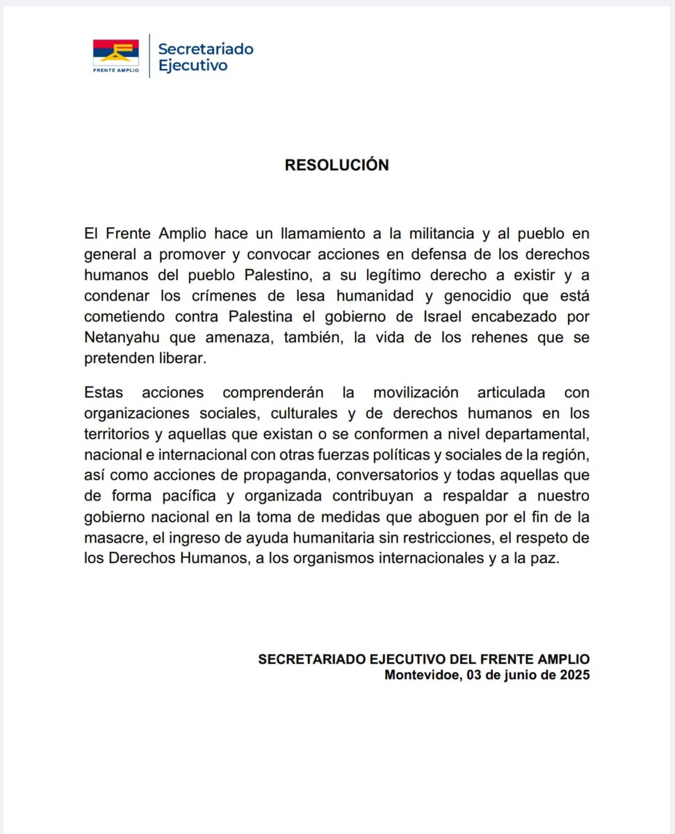 El Frente Amplio hace un llamamiento a su militancia y al pueblo a promover y convocar acciones en defensa de los derechos humanos del pueblo Palestino y condenar el genocidio.