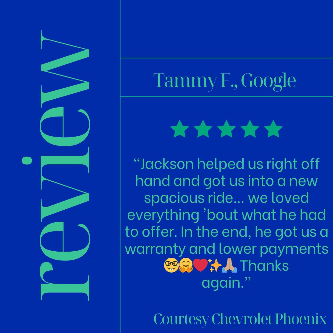 CourtesyChevCom's tweet image. Thank you, Tammy! We're thrilled Jackson was able to get you into a spacious ride with a great warranty and lower payments! We truly appreciate your kind words and support. Enjoy your new vehicle! 🤓🤗❤️✨🙏🏽
