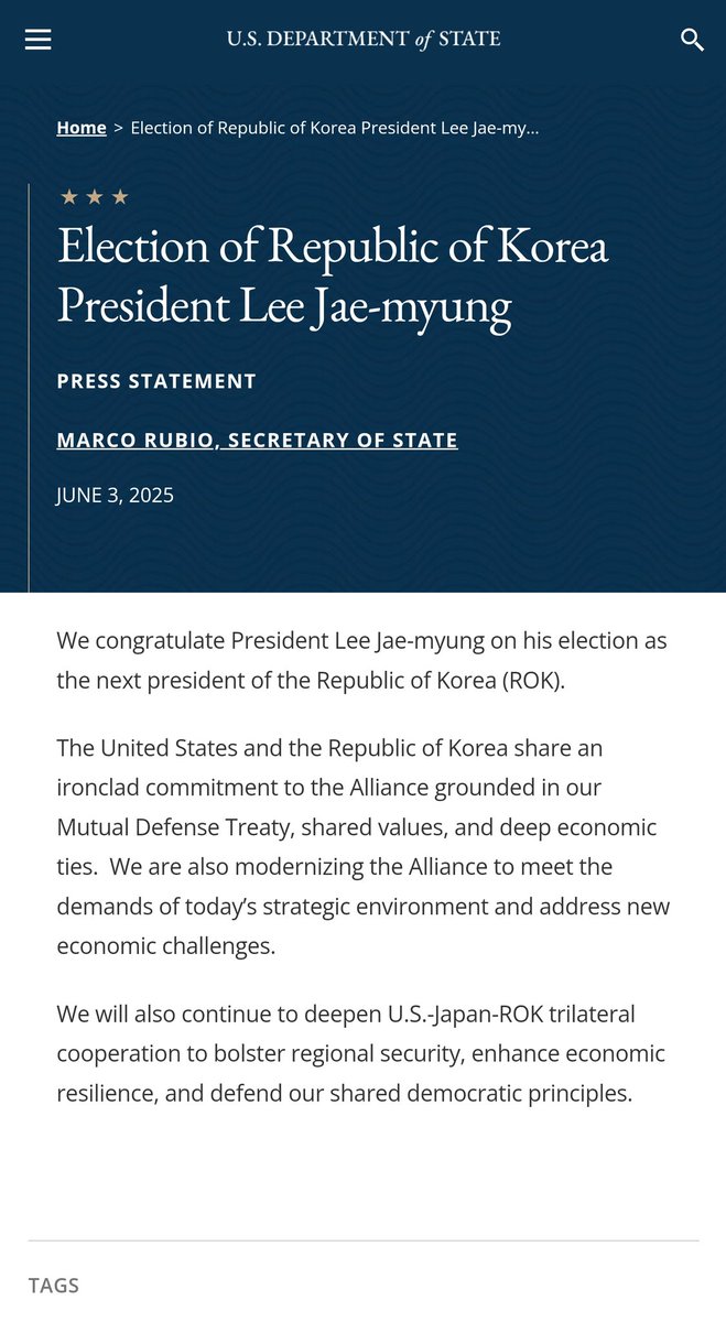 미국은 이재명 대통령의 당선을 축하하며, 한미동맹의 굳건한 약속과 상호방위조약, 공동의 가치, 깊은 경제적 유대를 강조했다. 또한, 동맹을 현대화하여 새로운 전략 환경과 경제적 도전에 대응하고, 한미일 3국 협력을 강화해 지역 안보, 경제 회복력, 민주주의 원칙 수호에 힘쓸 것임을 밝혔다.