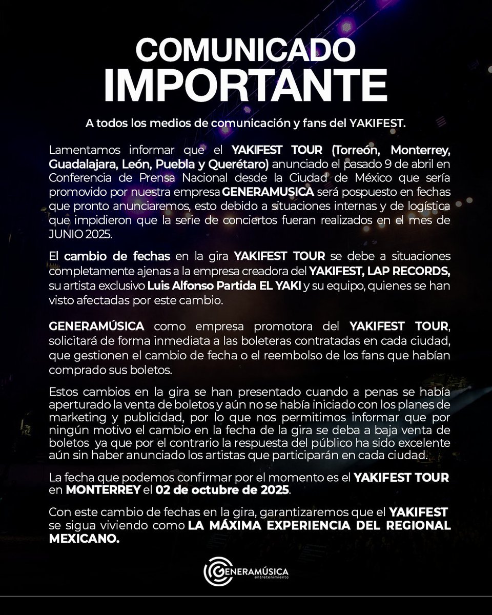 📢 COMUNICADO IMPORTANTE
Sabemos cuánto esperaban vivir el YAKIFEST y por eso queremos agradecer su comprensión ante este cambio de fechas.

🎟 Si necesitas solicitar tu reembolso:
🔗 Eticket: ayuda.eticket.com.mx
🔗 Ticketmaster: ticketmaster.com.mx

#Yakifest