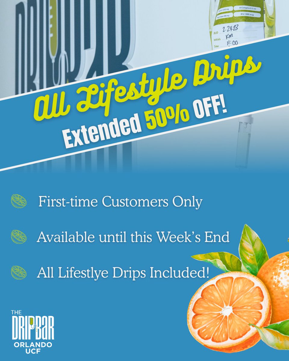 dripbarorlnducf's tweet photo. 💧 We're Extending the DEAL! 💧

Our Lifestyle Drips Deal has been Extended until this Week's End! ⚡

Recharge, Hydrate, and Boost your Wellness - now at a SPECIAL rate.

👀 Stay tuned - more exciting things coming your way!

#VitaminTherapy #IVDrips #TheDRIPBaROrlando #UCF https://t.co/9ADF8lq052
