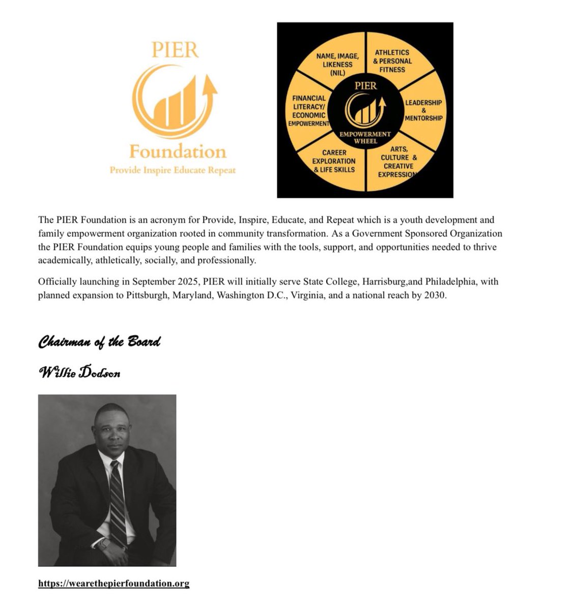 After an amazing dinner and conversation tonight with the CEO of the PIER Foundation I am excited to announce I have accepted the role of Chairman of the Board for the Pier Foundation. I’m truly honored, grateful and humbled for the opportunity.  

Check out the 6 pillars of the