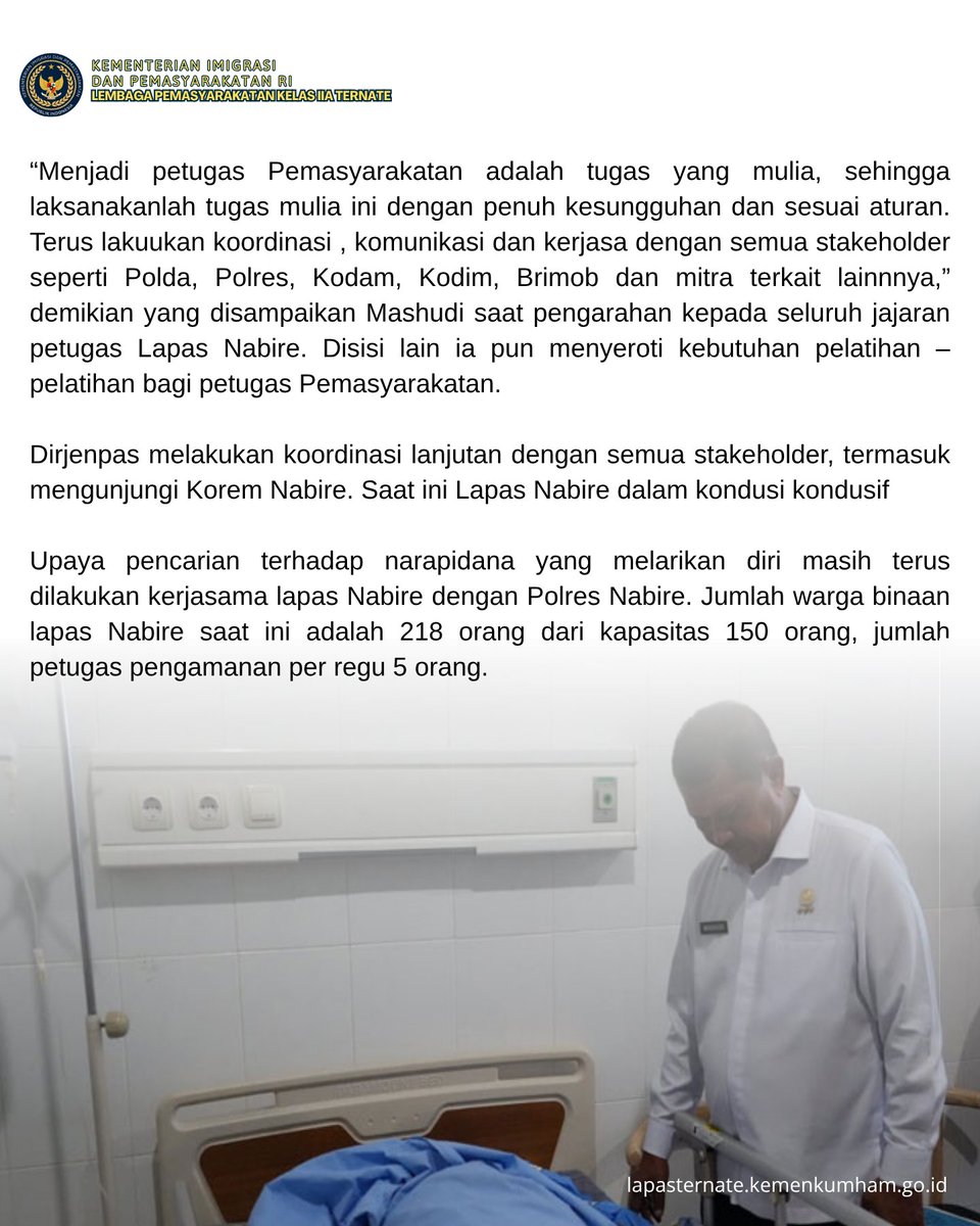 lapasternate's tweet photo. Kementerian Imigrasi dan Pemasyarakatan Direktorat Jenderal Pemasyarakatan Tiba di Nabire, Dirjenpas Langsung Sambangi Petugas Lapas Yang Terluka https://t.co/BWTj1OOW0z