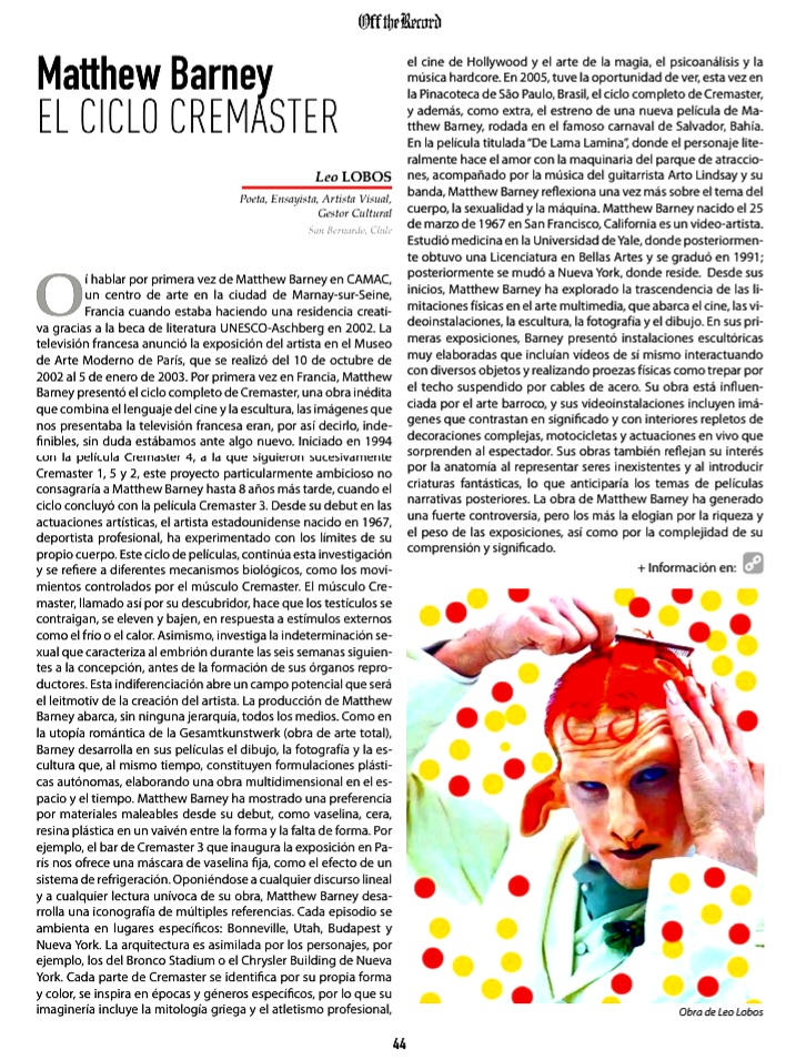 Les comparto el link de la Revista Off The Record de junio 2025. Espero que la disfruten, han publicado mi artículo sobre el artista norteamericano Matthew Barney <a href="/culturas_cl/">Ministerio de las Culturas</a> <a href="/Culturas_RM/">Cultura Metropolitana</a> <a href="/CulturasAmigas/">Culturas Amigas</a>

offtherecordonline.cl/PDF/OFF_2025_0…