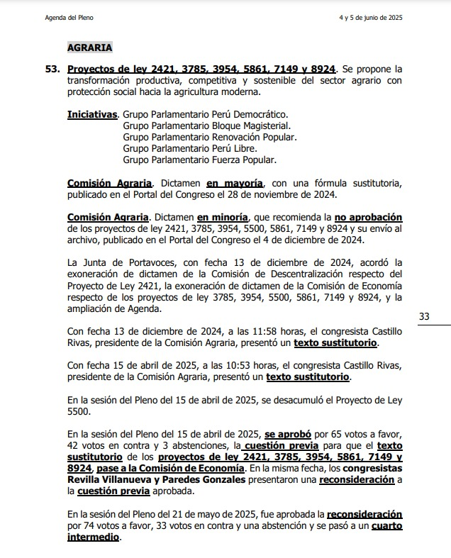 #ALERTA La Nueva Ley Agraria (que regala millones en exoneraciones tributarias a las agroexportadoras) está incluida en la agenda del Pleno del MAÑANA. Recordemos que el fujimorismo y aliados bloquearon que pase a la Comisión de Economía para un mayor análisis. [1/2]