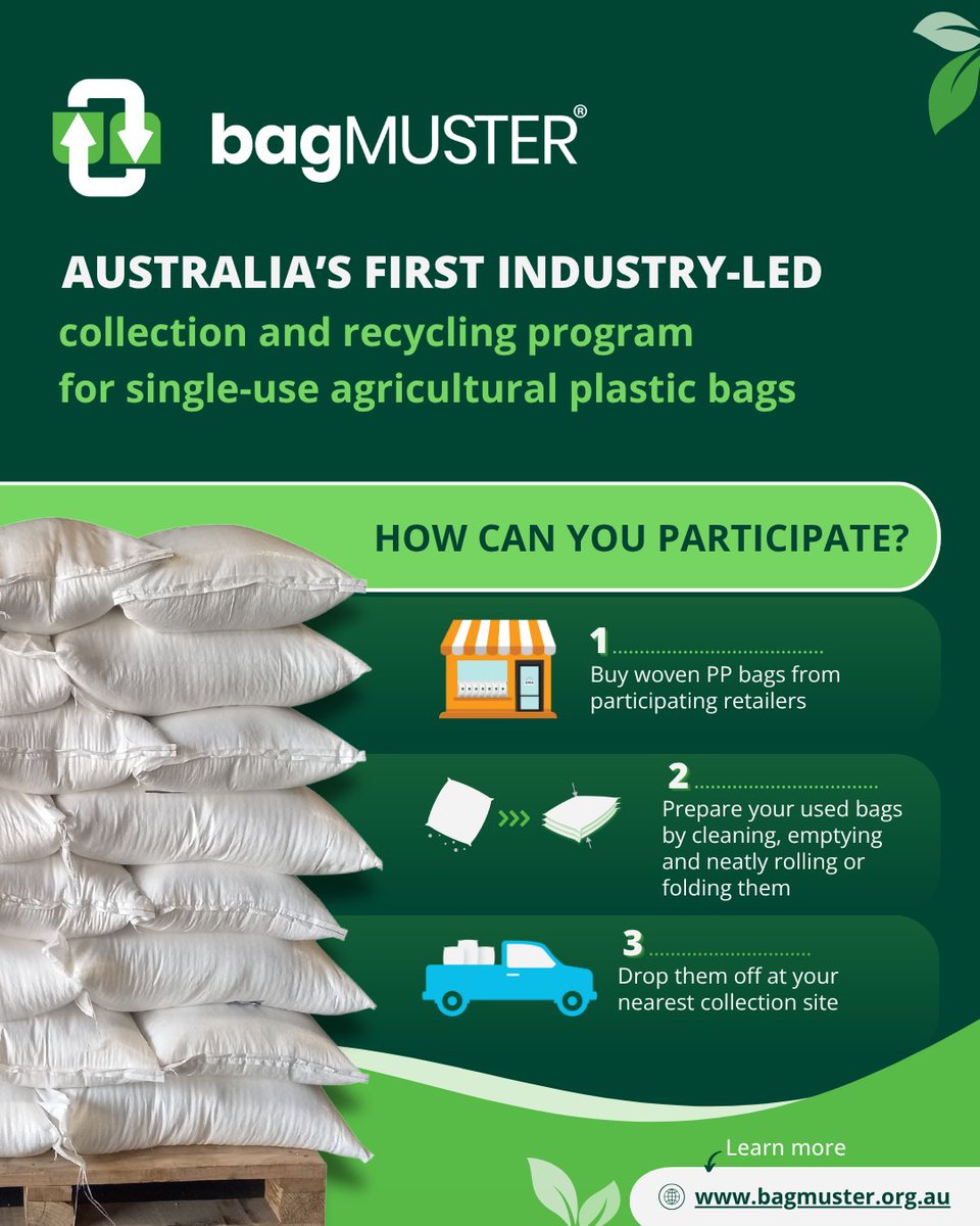 Agsafe (@agsafeoz) on Twitter photo The bagMUSTER program makes it easy to responsibly recycle agricultural plastic bags.
✔️ Simple drop-off at approved collection sites
✔️ No more plastic waste left on your farm
✔️ Helps build a cleaner, more sustainable ag industry
By recycling your agricultural plastic bags The bagMUSTER program makes it easy to responsibly recycle agricultural plastic bags.
✔️ Simple drop-off at approved collection sites
✔️ No more plastic waste left on your farm
✔️ Helps build a cleaner, more sustainable ag industry
By recycling your agricultural plastic bags