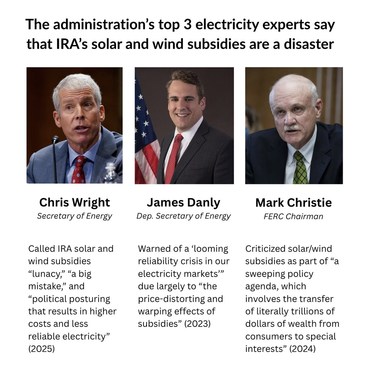What do the Trump Administration's 3 top electricity experts have in common?

Chris Wright (Energy Secretary)
James Danly (Deputy Energy Secretary, former FERC Chairman)
Mark Christie (FERC Chairman)

All agree that solar and wind subsidies have been an absolute disaster.
🧵