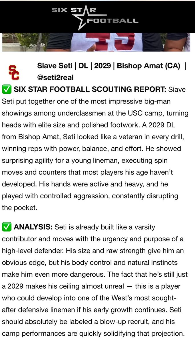 Siave Seti (@seti2real) on Twitter photo Thank you <a href="/sixstarfootball/">Six Star Football | PLUS+</a> for the article. I’m humbled and grateful for it all🙏🏽🙏🏽🙏🏽 <a href="/GregBiggins/">Greg Biggins</a> <a href="/uscfb/">USC Football ✌️</a> <a href="/amat_football/">Bishop Amat Football</a> <a href="/DannyLockhartS1/">Coach Danny Lockhart Football/Boxing/MMA</a> Thank you <a href="/sixstarfootball/">Six Star Football | PLUS+</a> for the article. I’m humbled and grateful for it all🙏🏽🙏🏽🙏🏽 <a href="/GregBiggins/">Greg Biggins</a> <a href="/uscfb/">USC Football ✌️</a> <a href="/amat_football/">Bishop Amat Football</a> <a href="/DannyLockhartS1/">Coach Danny Lockhart Football/Boxing/MMA</a>