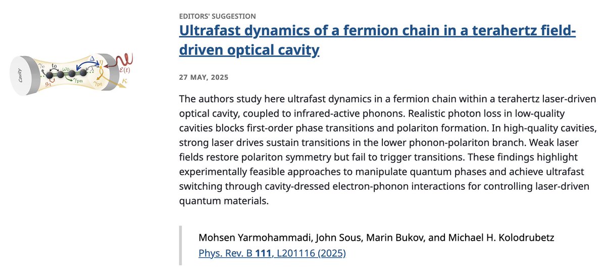 PhysRevB's tweet image. PRB Editors&apos; Suggestion: #UltrafastDynamics of a #fermion chain in a #terahertz field-driven #OpticalCavity

PRB 111, L201116

➡️ go.aps.org/43zU1aS
#PRBLetter #EdSugg @APSPhysics #physics @masihayar @MKolodrubetz @MarinBukov @UT_Dallas @UTDallasNews @UTDResearch @Georgetown