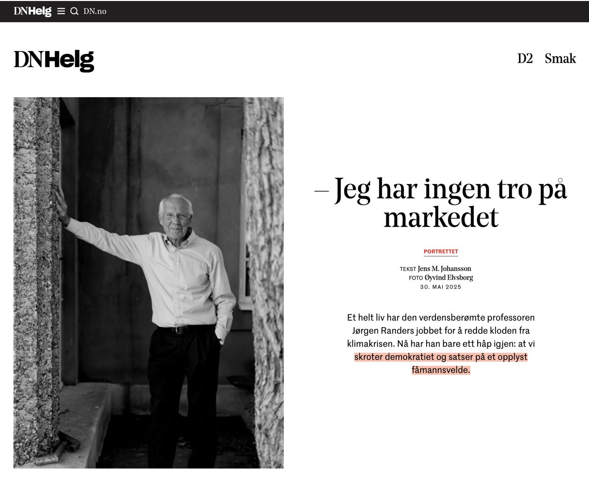 Når eliten vil erstatte demokratiet – med seg selv

Klimaprofessoren Jørgen Randers har én løsning igjen: Et opplyst fåmannsvelde. Han har gitt opp demokratiet. Er det desperasjon – eller et elitært tankesett vi burde frykte?

Klimaprofessoren Jørgen Randers har én løsning igjen: