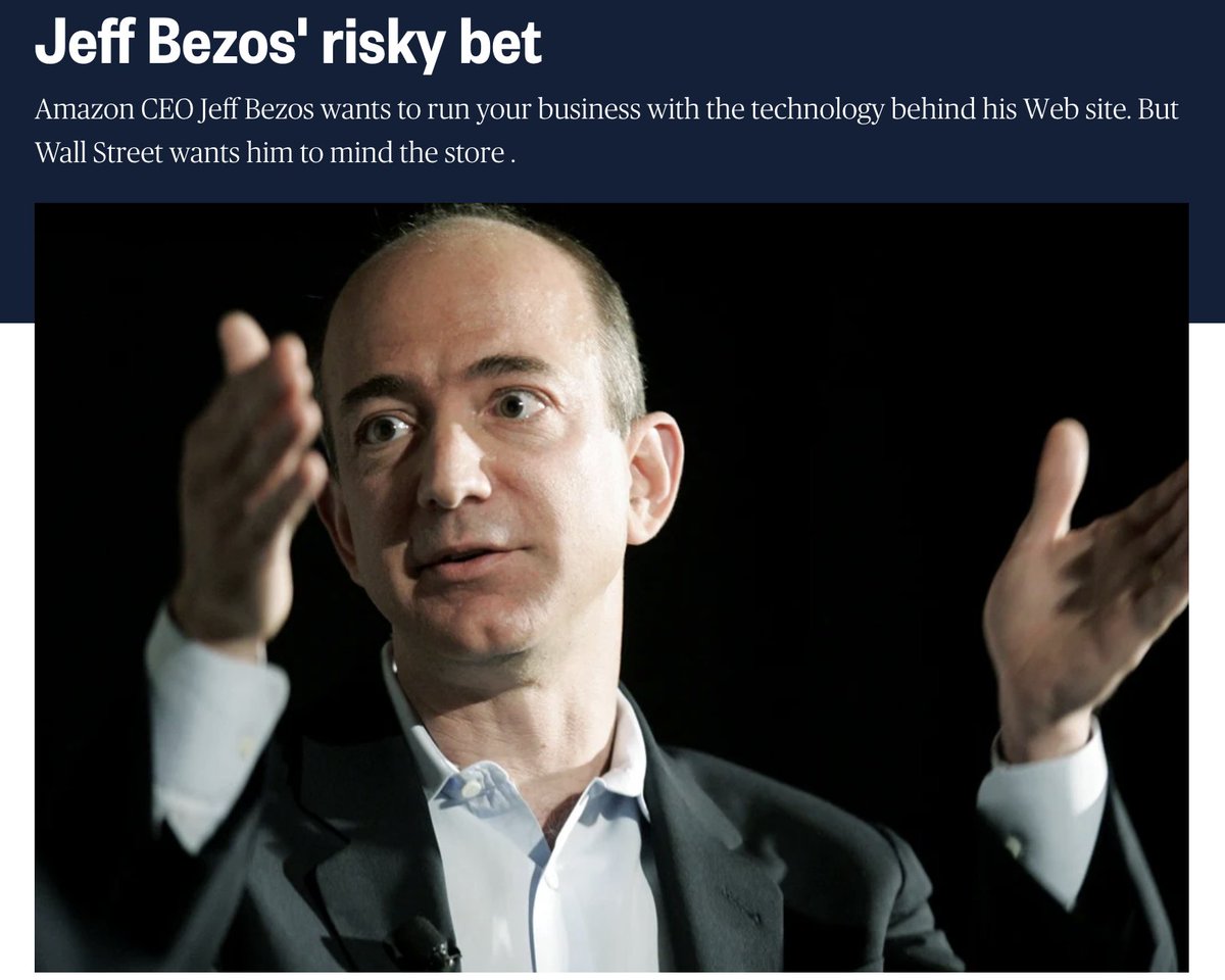 vladimirbok's tweet image. Throwback to this 2006 gem:
“Amazon CEO Jeff Bezos wants to run your business with the tech behind his website. Wall Street just wants him to mind the store.”
Bezos: “We're very comfortable being misunderstood.”
The rest is history.