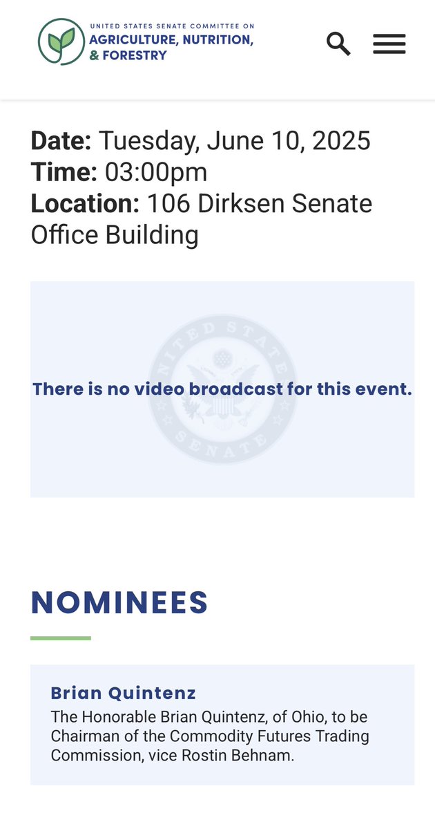 Eleanor Terrett (@eleanorterrett) on Twitter photo 🚨NEW: The <a href="/SenateAg/">Senate Ag Committee</a> Committee has scheduled a nomination hearing for <a href="/CFTC/">CFTC</a> Chair nominee <a href="/BrianQuintenz/">Brian Quintenz</a> on Tuesday, June 10 at 3:00 PM EST. 🚨NEW: The <a href="/SenateAg/">Senate Ag Committee</a> Committee has scheduled a nomination hearing for <a href="/CFTC/">CFTC</a> Chair nominee <a href="/BrianQuintenz/">Brian Quintenz</a> on Tuesday, June 10 at 3:00 PM EST.