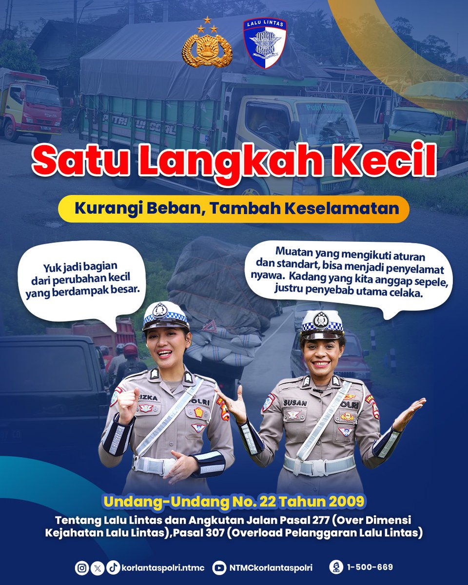 Yang berlebihan gak pernah baik.

Makan berlebihan? Sakit.
Muatan berlebihan? Celaka.

Over Dimension dan Over Load bukan soal efisiensi, tapi soal risiko.
Saatnya kita tolak praktik kendaraan yang membawa muatan berlebih demi jalan yang aman dan selamat sampai tujuan

#Tolak