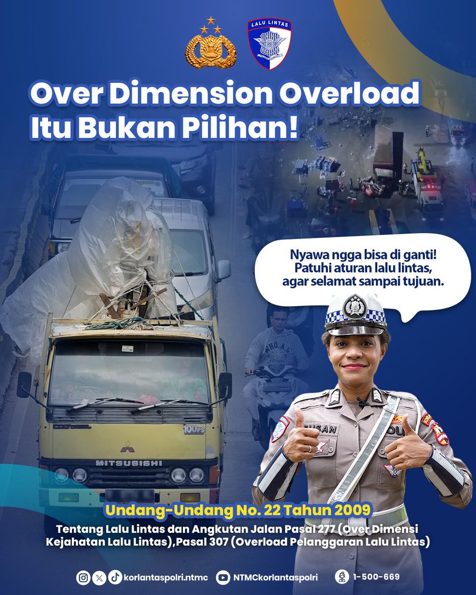 Jangan Sampai Muatan Berlebih Jadi Petaka. Truk Over Dimension dan Over load rawan terguling, pengereman tak maksimal, dan menutup pandangan. Yuk, kita cegah sejak awal!

#CegahOverdimensionOverLoad #TransportasiSelamat #HatiHatiDiJalan
#NTMCKorlantasPolri
#KorlantasPolri