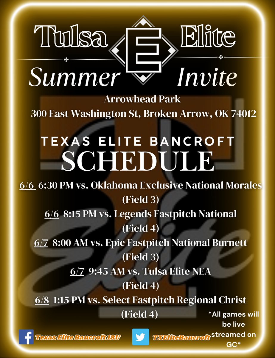 College coaches!!
Some awesome athletes to watch this weekend in Tulsa! Come see us!
Schedule ⬇️⬇️