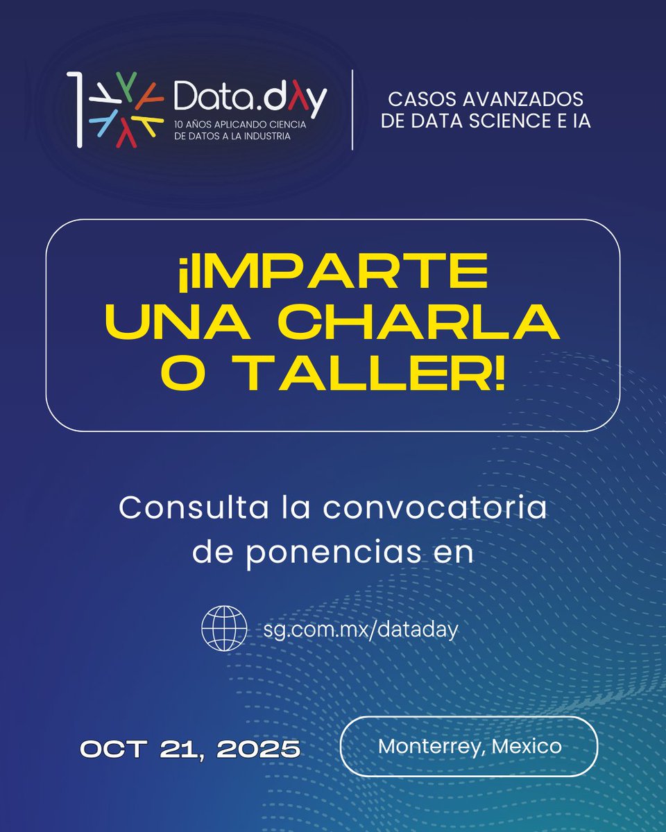 ¿Sobre qué temas puedes postular? ¡Te contamos!
Para la edición aniversario buscamos historias aplicadas en:
✅ Manufactura
✅ Salud
✅ Cadena de suministro
✅ Política pública
🚨 OJO. No es una lista definitiva. Envía tu propuesta aquí: convoca.dev/data-day-2025/…