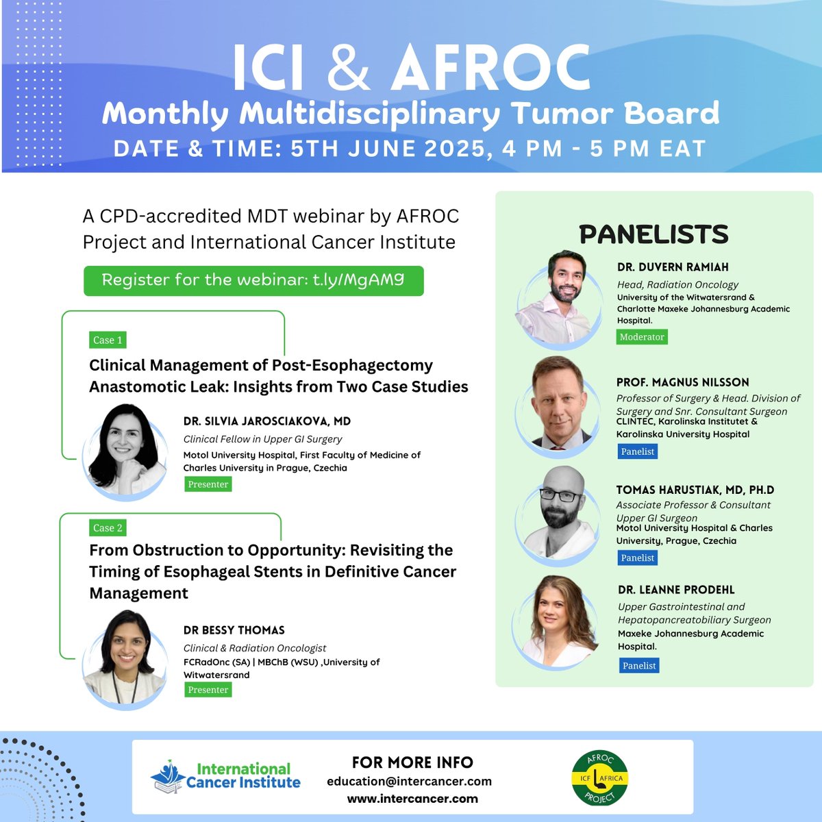 Only one day to go! Join us in the AFROC Project/ICI joint monthly MDT on 5 May 2025 from 4:00 to 5:00 pm EAT. We have lined up two cases for discussion by Dr. Silvia Jarosciakova, MD, and Dr. Bessy Thomas.  Register with the link: t.ly/MgAM9 <a href="/AORTIC_AFRICA/">AORTIC</a>