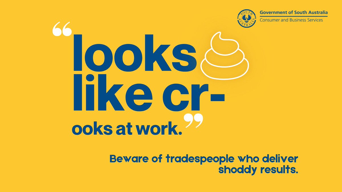 Some businesses are failing to deliver.
Look out for tradespeople: 
🦺 charging excessive amounts
🦺 pressuring you to sign a contract on the spot
🦺performing shoddy work
🦺 potentially breaching consumer law protections.

Learn more 🔗cbs.sa.gov.au/campaigns/bewa…