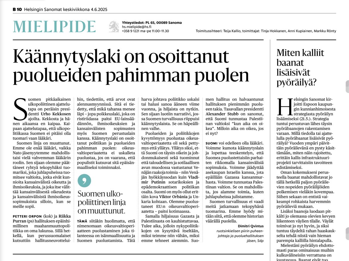 Päivän Helsingin Sanomissa on mielipidekirjoitukseni siitä, kuinka Suomesta – entisestä lääkäristä – on tullut tekopyhä tuomari.

Narratiivi, jonka mukaan Suomen turvallisuus riippuisi käännytyslaista/rajalaista, on häpeällinen valhe.

#rajalaki #käännytyslaki