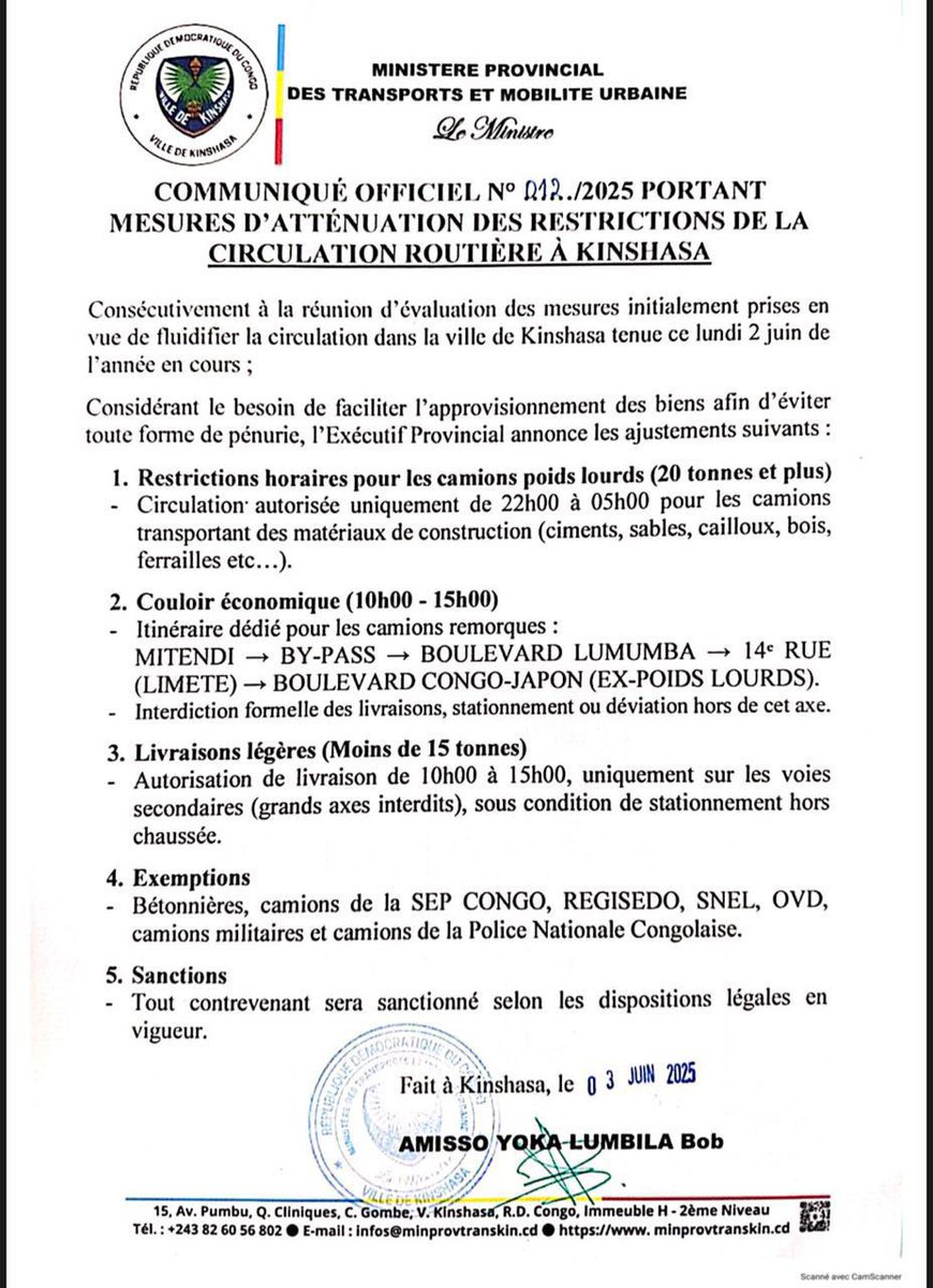 Josue Lutumbatony (@jlutumbatony) on Twitter photo đŽ COMMUNIQUĂ OFFICIEL â NOUVELLES MESURES POUR LA CIRCULATION Ă KINSHASA
Le ministĂšre provincial des Transports et de la MobilitĂ© urbaine <a href="/mintranskin/">MinistĂšre des transports/ Kinshasa</a> a annoncĂ© de nouvelles mesures visant Ă fluidifier la circulation et Ă garantir lâapprovisionnement en biens essentiels dans la đŽ COMMUNIQUĂ OFFICIEL â NOUVELLES MESURES POUR LA CIRCULATION Ă KINSHASA
Le ministĂšre provincial des Transports et de la MobilitĂ© urbaine <a href="/mintranskin/">MinistĂšre des transports/ Kinshasa</a> a annoncĂ© de nouvelles mesures visant Ă fluidifier la circulation et Ă garantir lâapprovisionnement en biens essentiels dans la