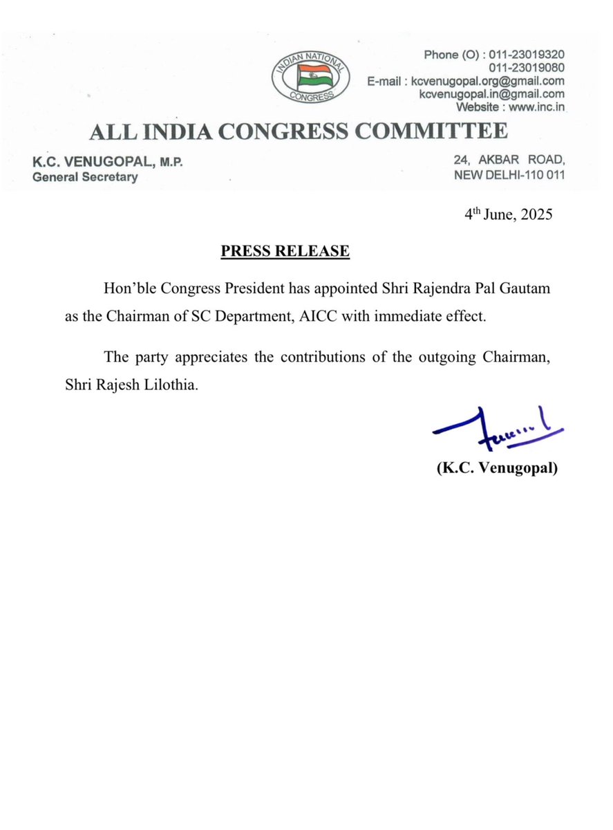 INCSandesh's tweet photo. Hon'ble Congress President has appointed Shri Rajendra Pal Gautam as the Chairman of SC Department, AICC with immediate effect. https://t.co/mabyToH18b