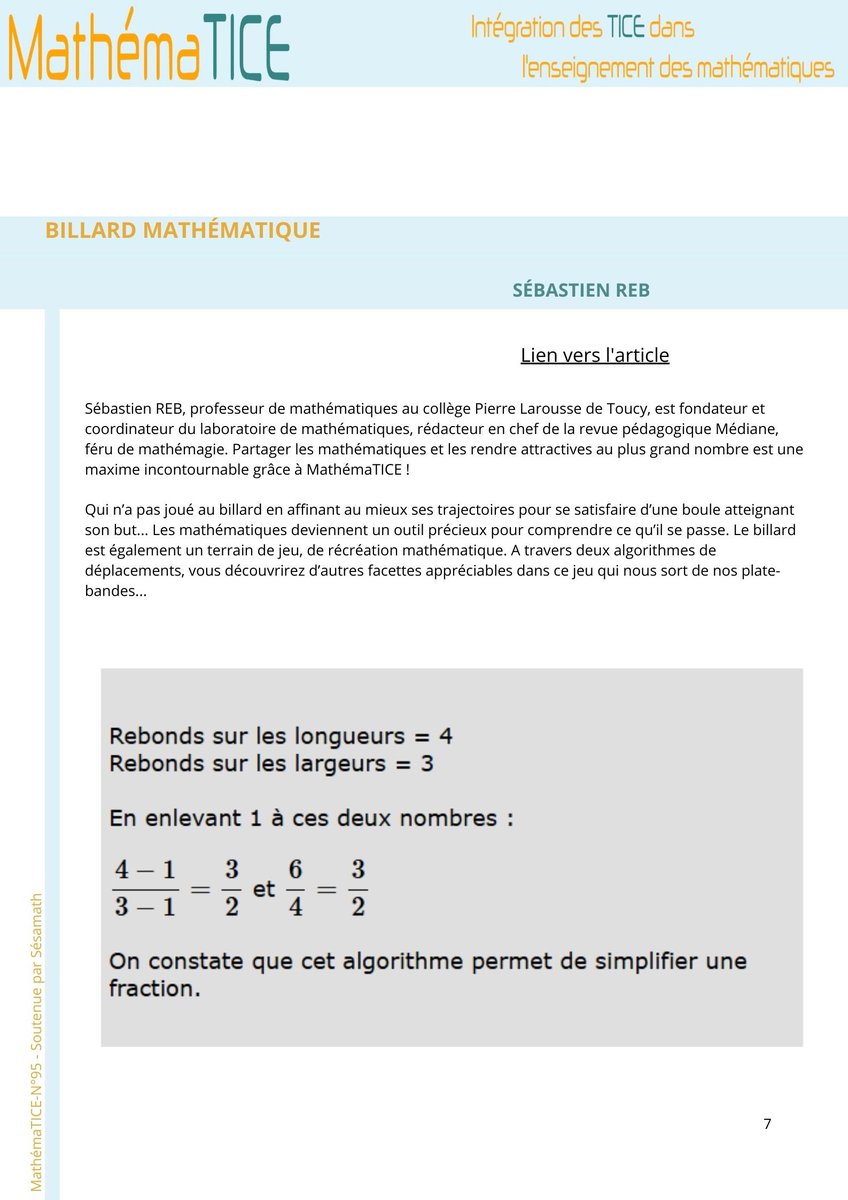 MathémaTICE (@mathematiceel) on Twitter photo Sébastien Reb alias <a href="/collmaths/">Sébastien REB</a> suggère de nombreuses activités liées au jeu de billard. Allant du #cycle3 à des extensions de recherche mises en œuvre par MATHenJEANS, en traversant l’ensemble des cycles éducatifs. Elles conduisent à des #maths élégantes.
urlz.fr/uAsB Sébastien Reb alias <a href="/collmaths/">Sébastien REB</a> suggère de nombreuses activités liées au jeu de billard. Allant du #cycle3 à des extensions de recherche mises en œuvre par MATHenJEANS, en traversant l’ensemble des cycles éducatifs. Elles conduisent à des #maths élégantes.
urlz.fr/uAsB
