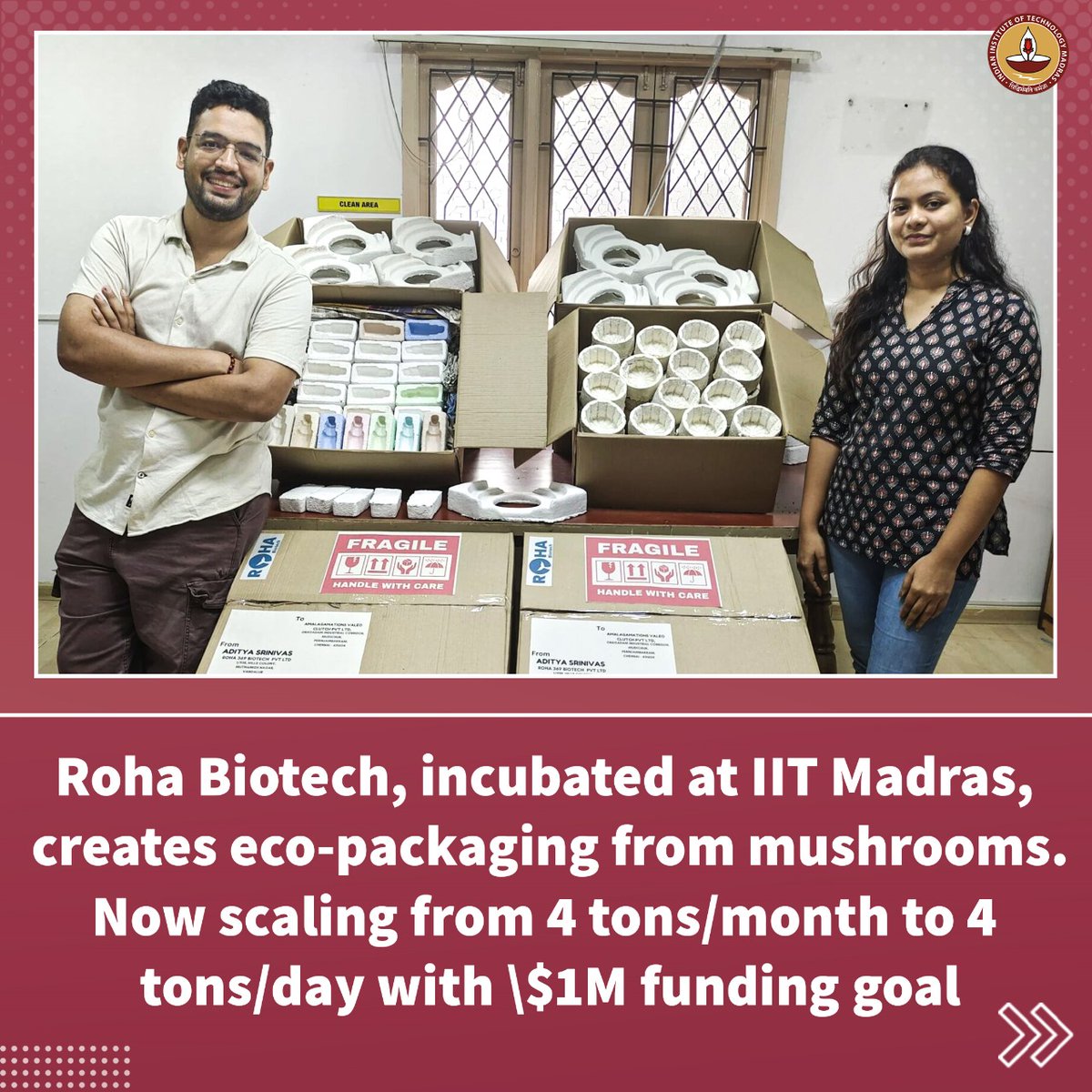 IIT Madras (@iitmadras) on Twitter photo Roha Biotech, a Chennai-based startup transforming the packaging industry—with mushrooms! 🧠🌍
Incubated at <a href="/iitmadras/">IIT Madras</a>, Roha has built India’s first scalable mycelium packaging plant, creating eco-friendly, biodegradable alternatives to styrofoam—without any VC funding. 💪🇮🇳 Roha Biotech, a Chennai-based startup transforming the packaging industry—with mushrooms! 🧠🌍
Incubated at <a href="/iitmadras/">IIT Madras</a>, Roha has built India’s first scalable mycelium packaging plant, creating eco-friendly, biodegradable alternatives to styrofoam—without any VC funding. 💪🇮🇳
