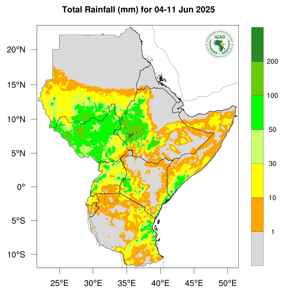 📢 Weekly rainfall forecast 04 - 11 June 2025

🌧️🌦️ Moderate rainfall (50-200mm) expected in most parts of #SouthSudan, central parts of southern #Sudan, western #Kenya, western #Uganda, western #Ethiopia, southern coastal #Somalia and coastal #Tanzania.

Details 👉🏾