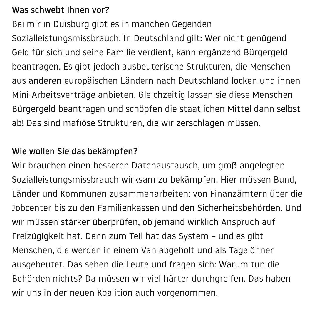 Veit Medick (@vmedick) on Twitter photo "Es gibt Menschen, die werden in einem Van abgeholt und als Tagelöhner ausgebeutet"
"Das sind mafiöse Strukturen, die wir zerschlagen müssen"
<a href="/baerbelbas/">Bärbel Bas</a> klingt im Gespräch mit <a href="/HollsteinM/">Miriam Hollstein</a> <a href="/FlorianSchillat/">Florian Schillat</a> + <a href="/becke_lisa/">Lisa Becke</a> wie eine Anti-Clan-Kämpferin.
stern.de/politik/deutsc… "Es gibt Menschen, die werden in einem Van abgeholt und als Tagelöhner ausgebeutet"
"Das sind mafiöse Strukturen, die wir zerschlagen müssen"
<a href="/baerbelbas/">Bärbel Bas</a> klingt im Gespräch mit <a href="/HollsteinM/">Miriam Hollstein</a> <a href="/FlorianSchillat/">Florian Schillat</a> + <a href="/becke_lisa/">Lisa Becke</a> wie eine Anti-Clan-Kämpferin.
stern.de/politik/deutsc…