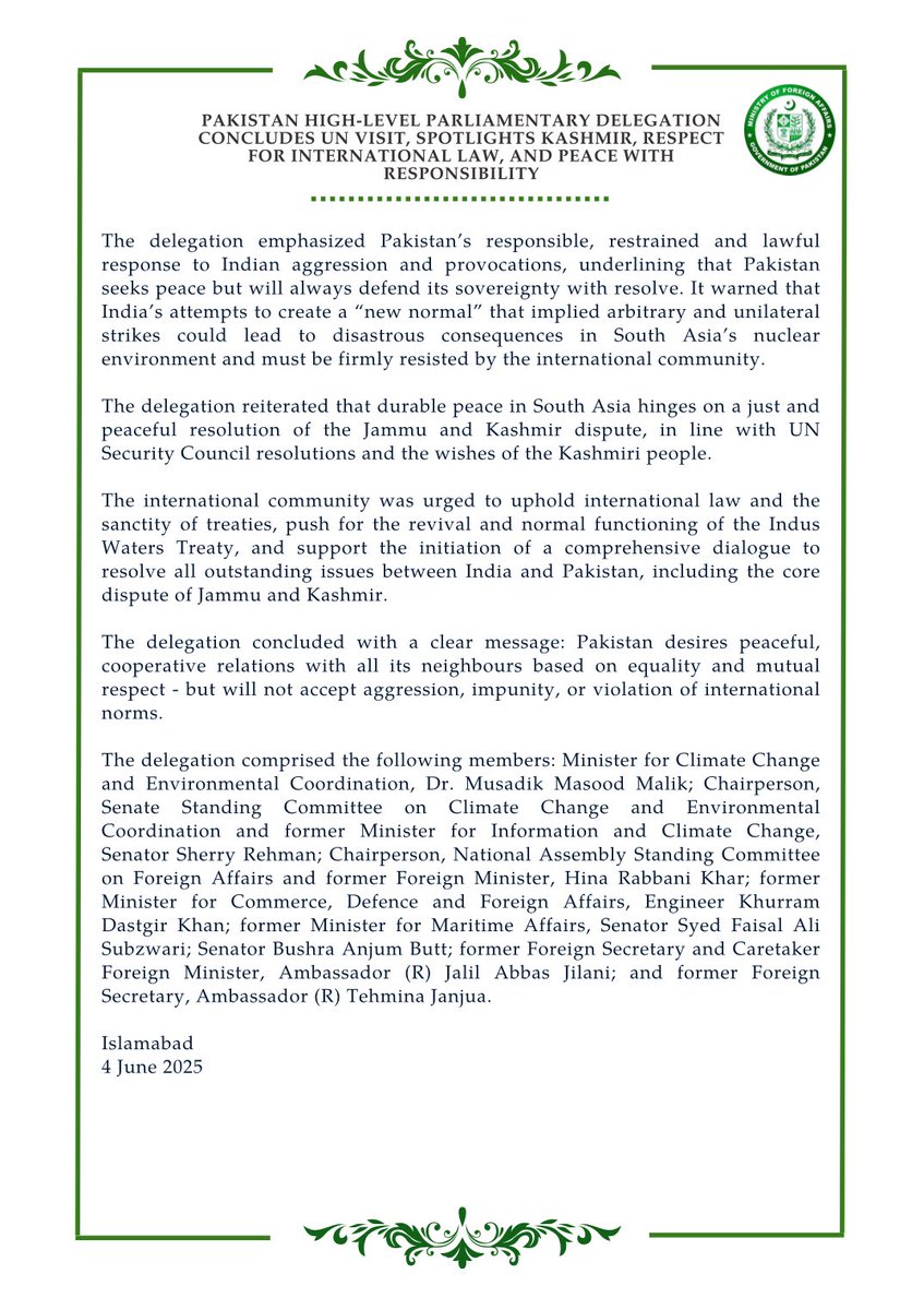 Pakistan High-level Parliamentary Delegation Concludes UN Visit, Spotlights Kashmir, Respect for International Law and Peace with Responsibility.

🔗⬇️
mofa.gov.pk/press-releases…