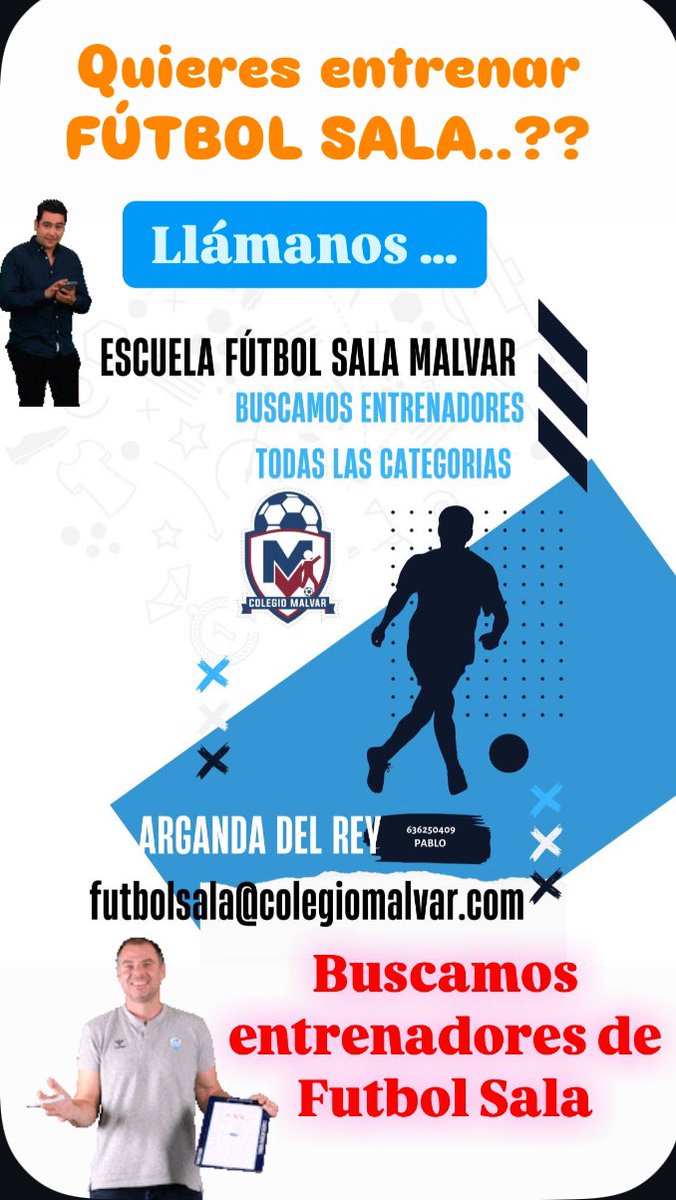 Buscamos entrenadores para la temporada 25/26…. Si tienes ganas de unirte a nosotros… ponte en contacto con nosotros….. futbolsala@colegiomalvar.com <a href="/Malvardeporte/">MALVAR ESC DEPORTIVA</a>